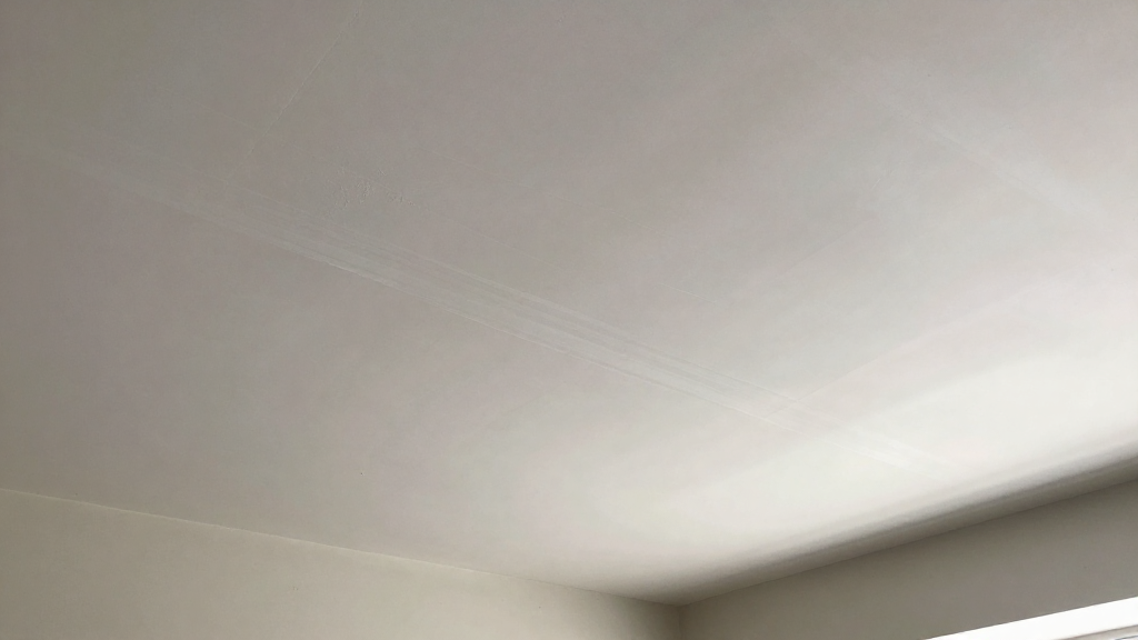 ceiling paint showing roller streaks and uneven coverage in daylight