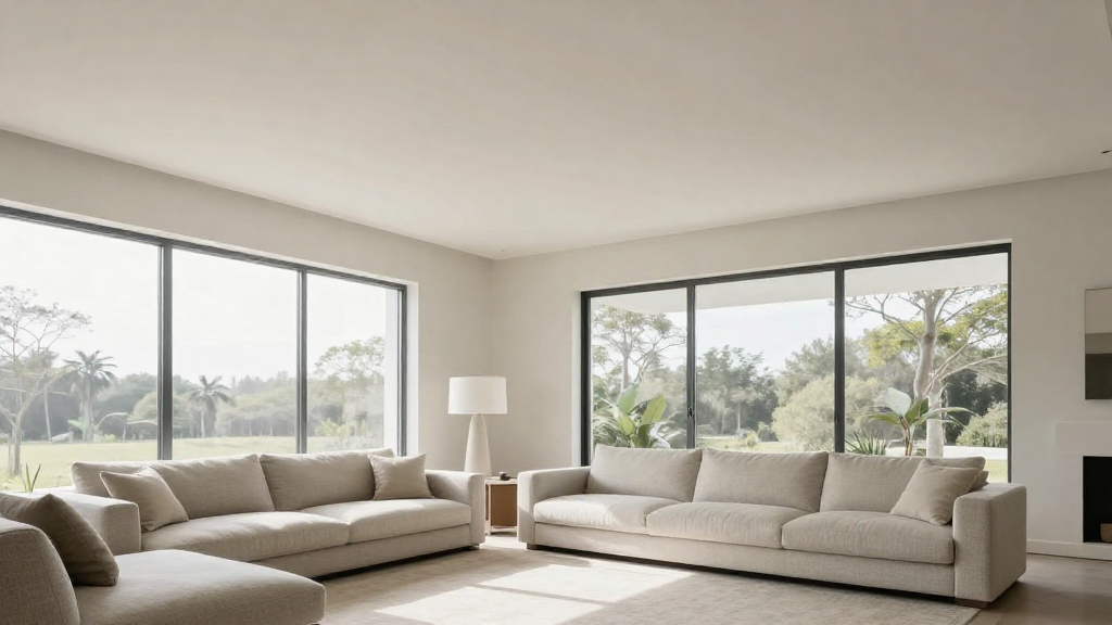 freshly painted white ceiling in modern living room interior