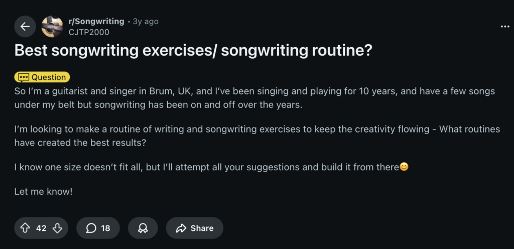 reddit on songwriting exercises