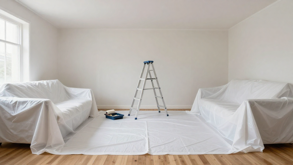 room prepared for ceiling painting with covered furniture and painting tools