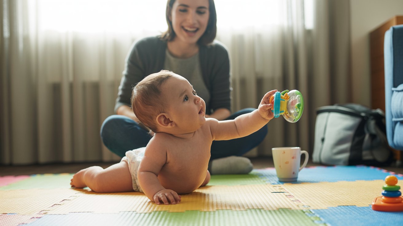 Baby on stomach during tummy time reaching toward a toy while parent sits nearby encouraging, showing realistic tummy time practice in a home.