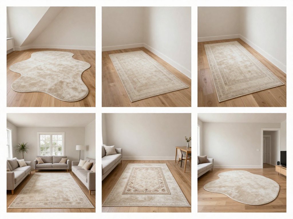 Area rug placement collage showing irregular rugs, diagonal rug placement, asymmetrical layouts, and zoning with multiple rugs
