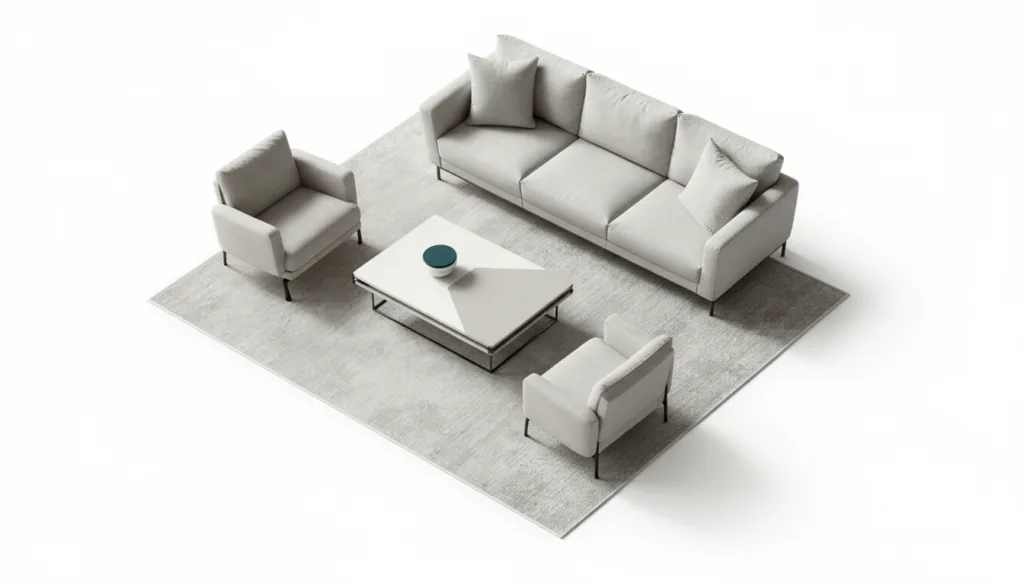 Area rug placement example showing all furniture legs fully on a large rug in a spacious living room layout
