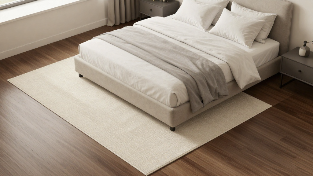 Area rug placement for a king or queen bed using the two-thirds rule with the rug extending under the bed
