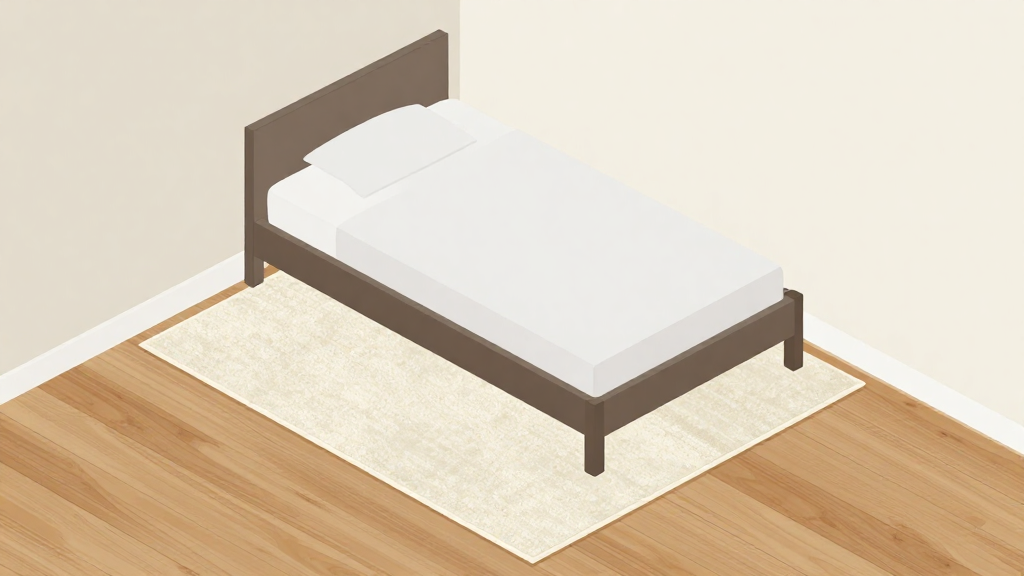 Area rug placement for a twin bed with a 5x8 rug placed horizontally under the bottom half of the bed