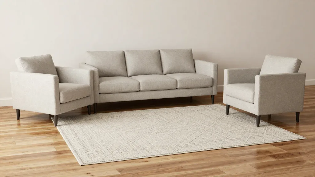 Area rug placement showing front legs of sofa and chairs anchored on the rug in a living room