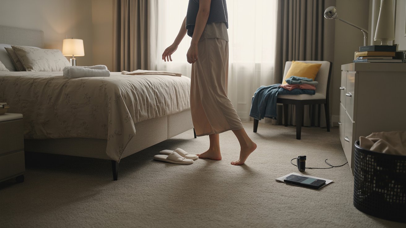 Couple stepping onto soft bedroom carpet in the morning light
