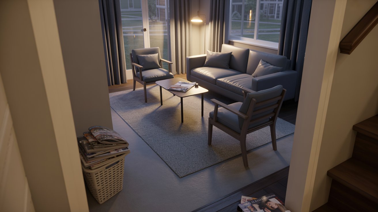 Small living room layout showing proper placement of a 6×9 rug with sofa and chairs.