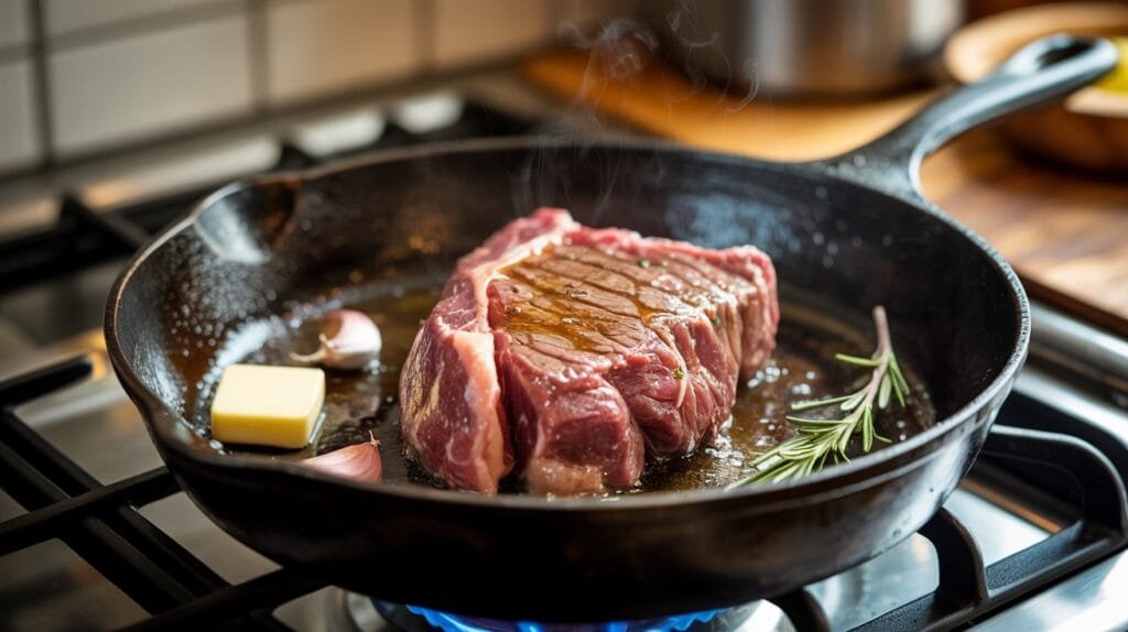 Chuck eye steak cooking in a cast iron skillet with butter and herbs.