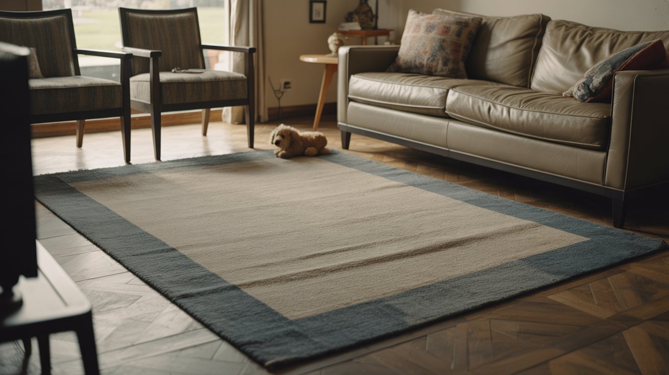 Living room showing undersized rug placement with furniture sitting off the rug.