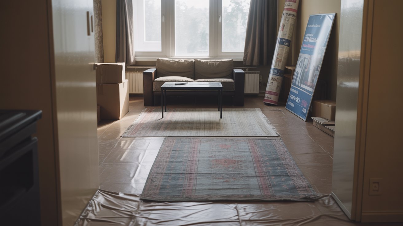 Open living room with minimal furniture showing how a 6×9 rug covers floor space in a real apartment.