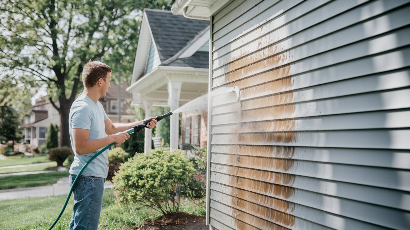 Homeowner cleaning vinyl siding exterior with garden hose