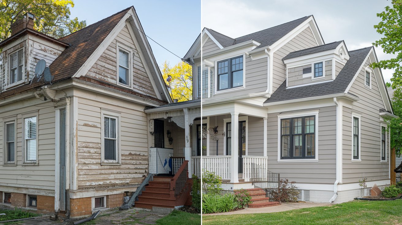 Comparison of old wood siding and modern vinyl siding exterior