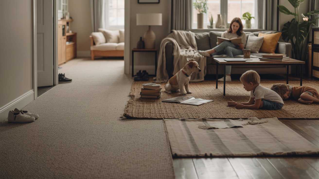 Living room showing area rug and adjacent carpeted space in a real family home