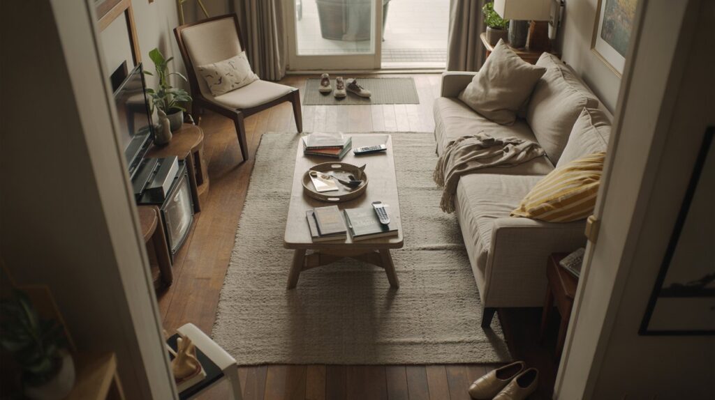Living room with sofa and chairs partially placed on a 6×9 rug showing realistic rug scale in a home layout.