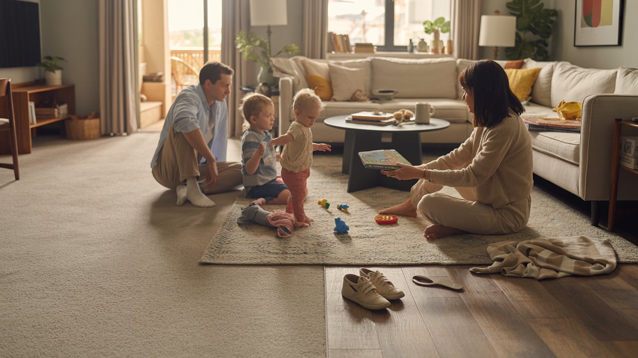 Living room showing wall-to-wall carpet and an area rug in a real family home setting