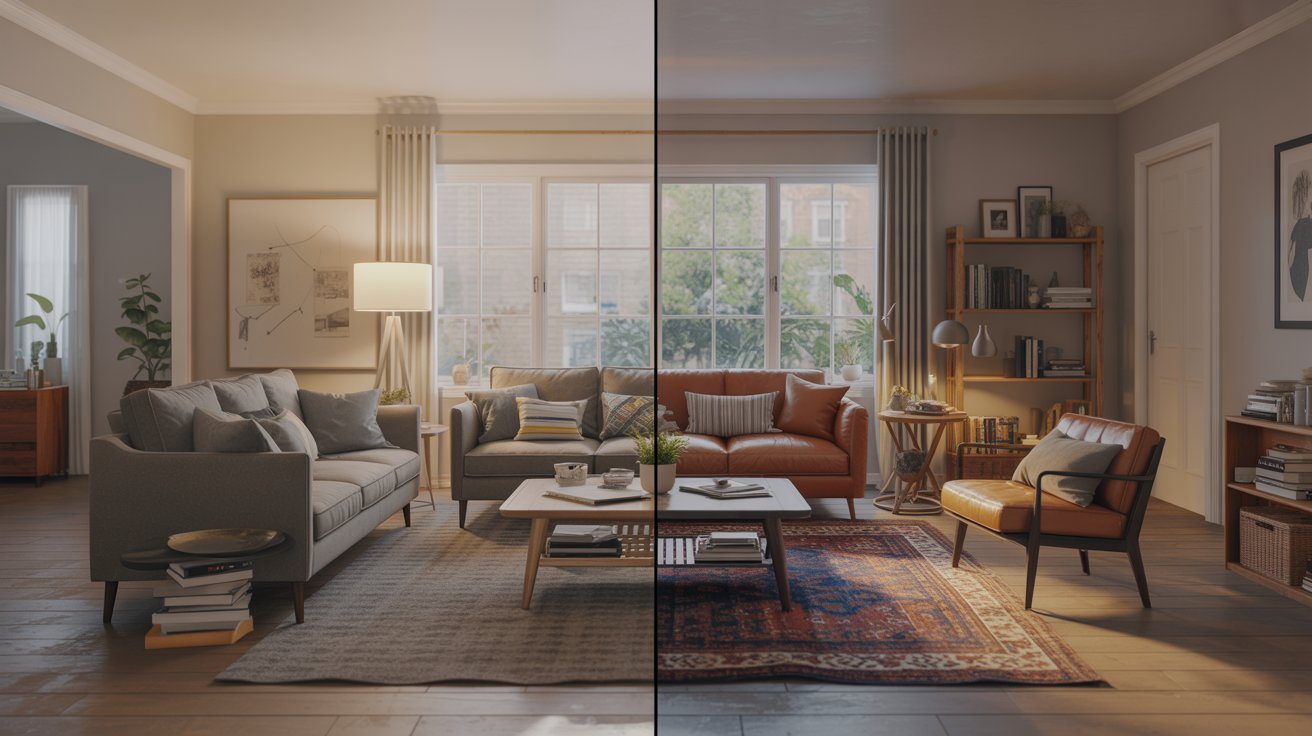 A realistic split-scene comparison inside the same lived-in modern family living room, divided vertically into two equal halves, maintaining identical room layout, lighting, and camera position for accurate comparison.
Important: The sofa, chairs, and table remain in the exact same positions in both halves. Only the rug placement changes.
Left half — Correct placement:
A properly sized 6×9 ft rug is centered under the seating area, with the front legs of the sofa and chairs resting on the rug, visually connecting the furniture. The rug extends naturally beneath the coffee table and defines the conversation space.
Right half — Incorrect placement:
The same 6×9 rug is pulled forward and away from the sofa, leaving all furniture legs completely off the rug. The rug sits isolated in the middle of the floor, making the seating area appear disconnected and floating. Ensure a visible gap between furniture and rug edges.
Keep rug proportions realistic relative to furniture so the size difference is clear.
The room should feel naturally lived-in with small imperfections such as unevenly stacked books, a slightly wrinkled rug corner, casual cushions, and small everyday objects visible.
Natural daylight mixes with warm indoor lighting for a comfortable home atmosphere.
Camera positioned slightly above waist height, angled diagonally across the room, showing rug coverage clearly. Avoid wide-angle distortion so scale remains accurate.
Furniture and decor should resemble a normal modern home, not luxury staging. Professional lifestyle interior photography style with realistic lighting and textures.
Composition must make the difference obvious at first glance.