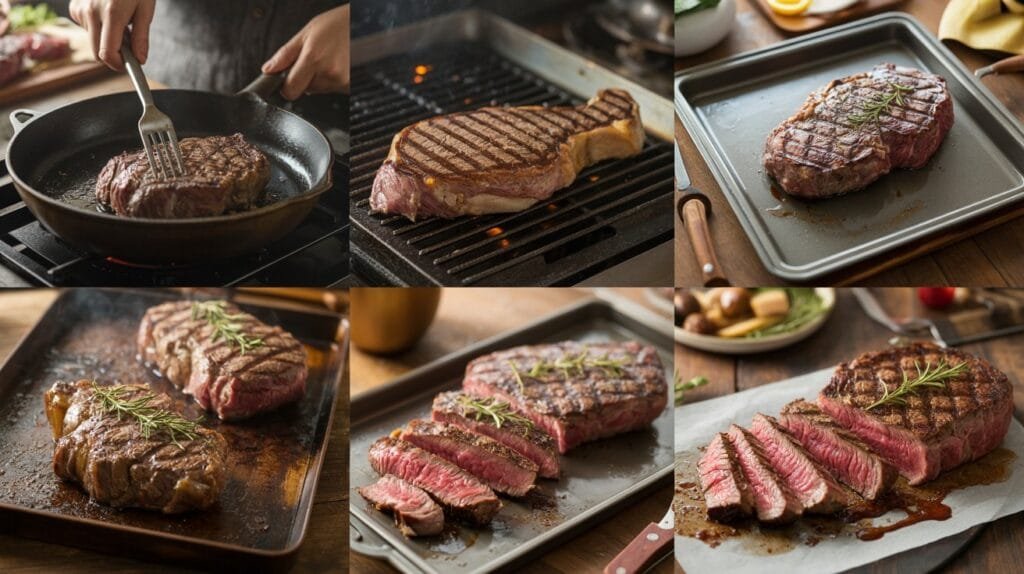 Different methods to cook steak at home including pan searing and grilling