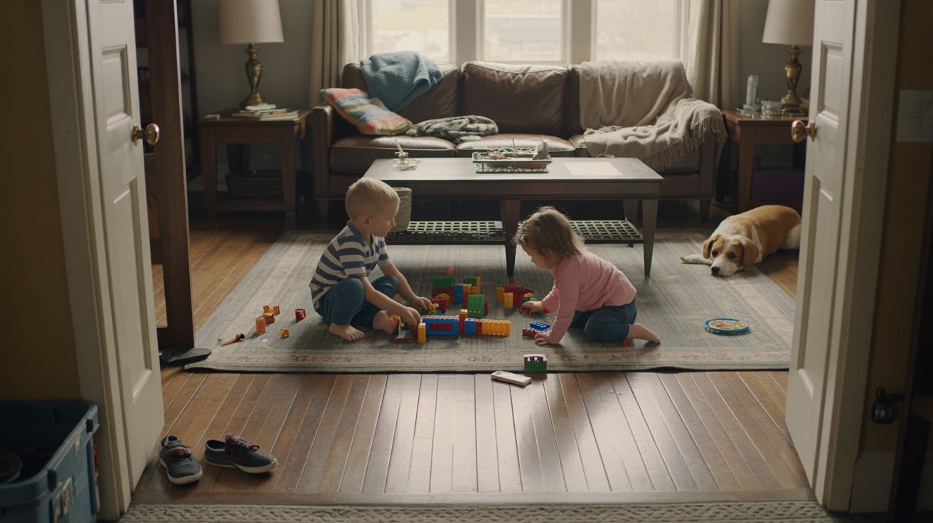 Children playing on area rug in a family living room