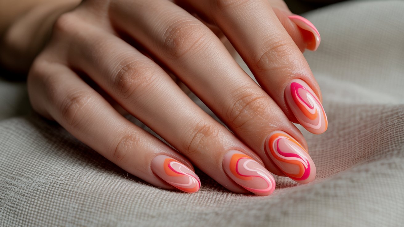 Abstract coral and pink swirl birthday nail design on almond shape.