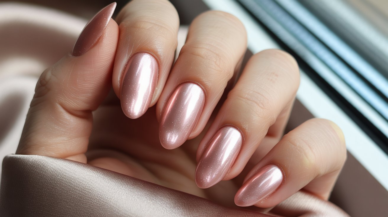 Almond-shaped rose gold chrome birthday nails with soft pearlescent shimmer inside the polish.