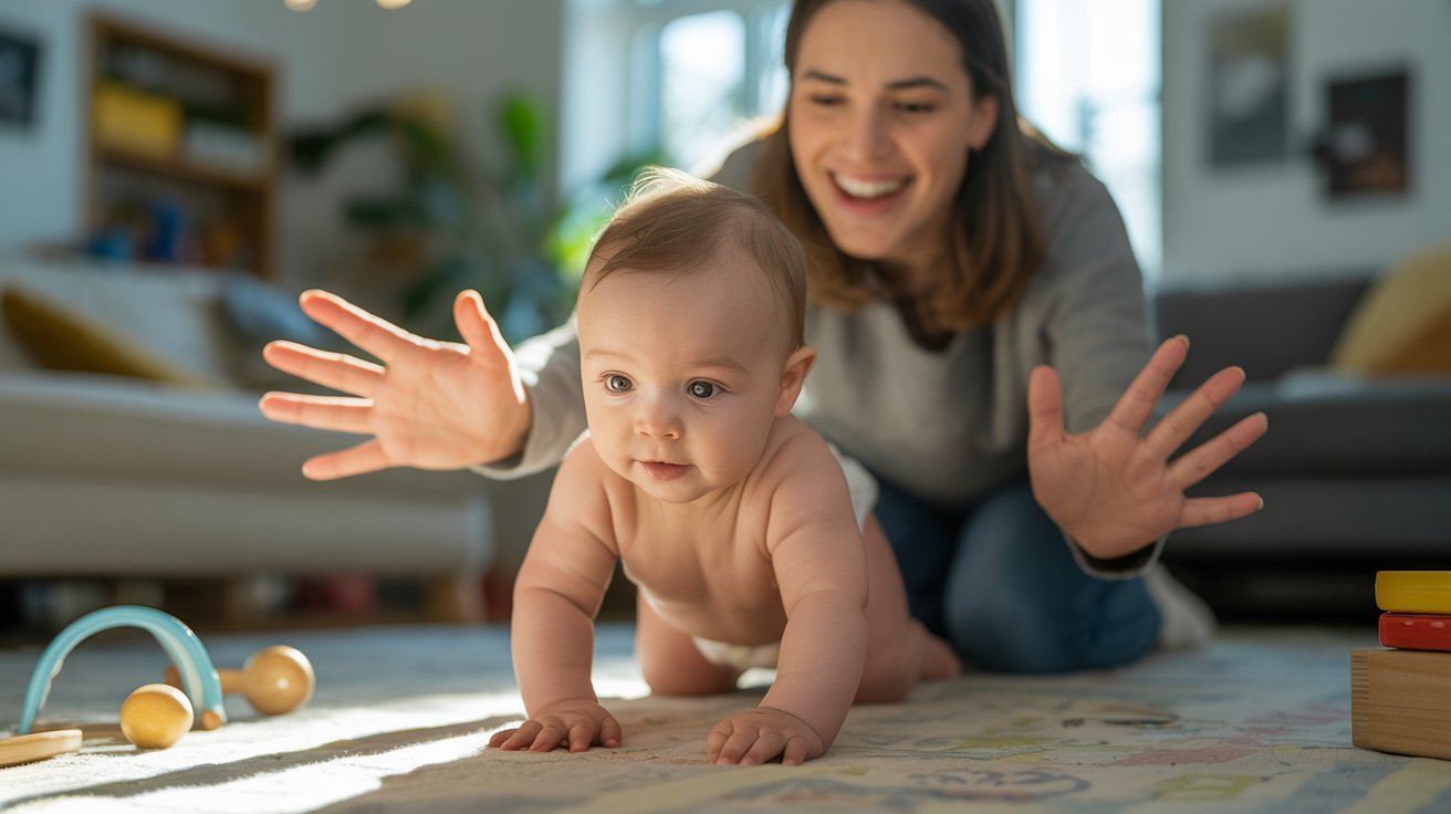 Baby crawling forward confidently on hands and knees while parents watch with encouragement and joy, capturing the moment when independent crawling develops.