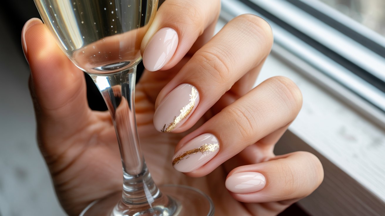 Nude almond birthday nails with subtle gold foil accent detail.