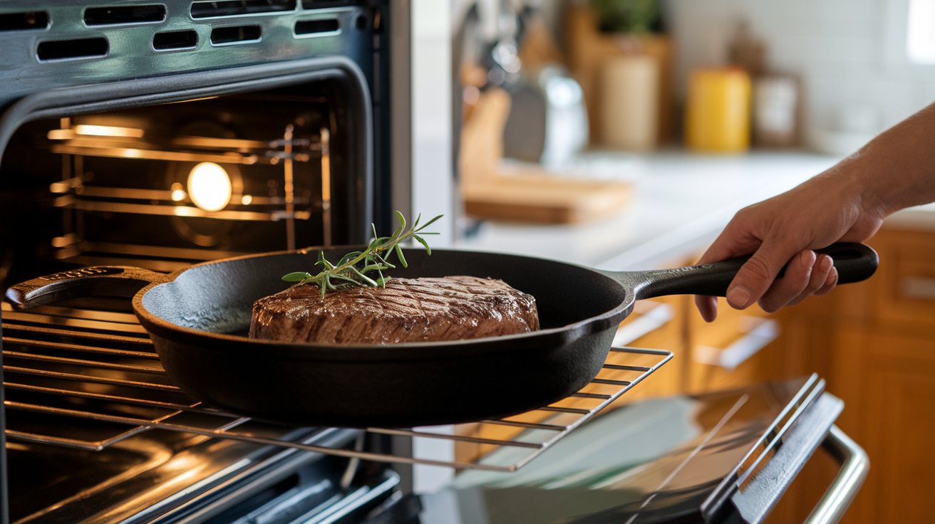 Steak finishing cooking in oven after pan searing