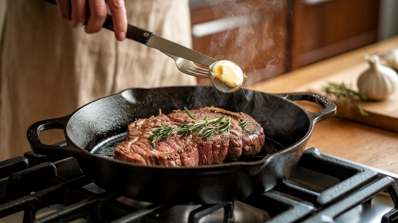 Chuck eye steak searing in cast iron skillet