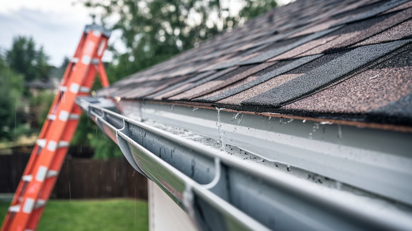 Close-up of gutter apron guiding rainwater into gutter.