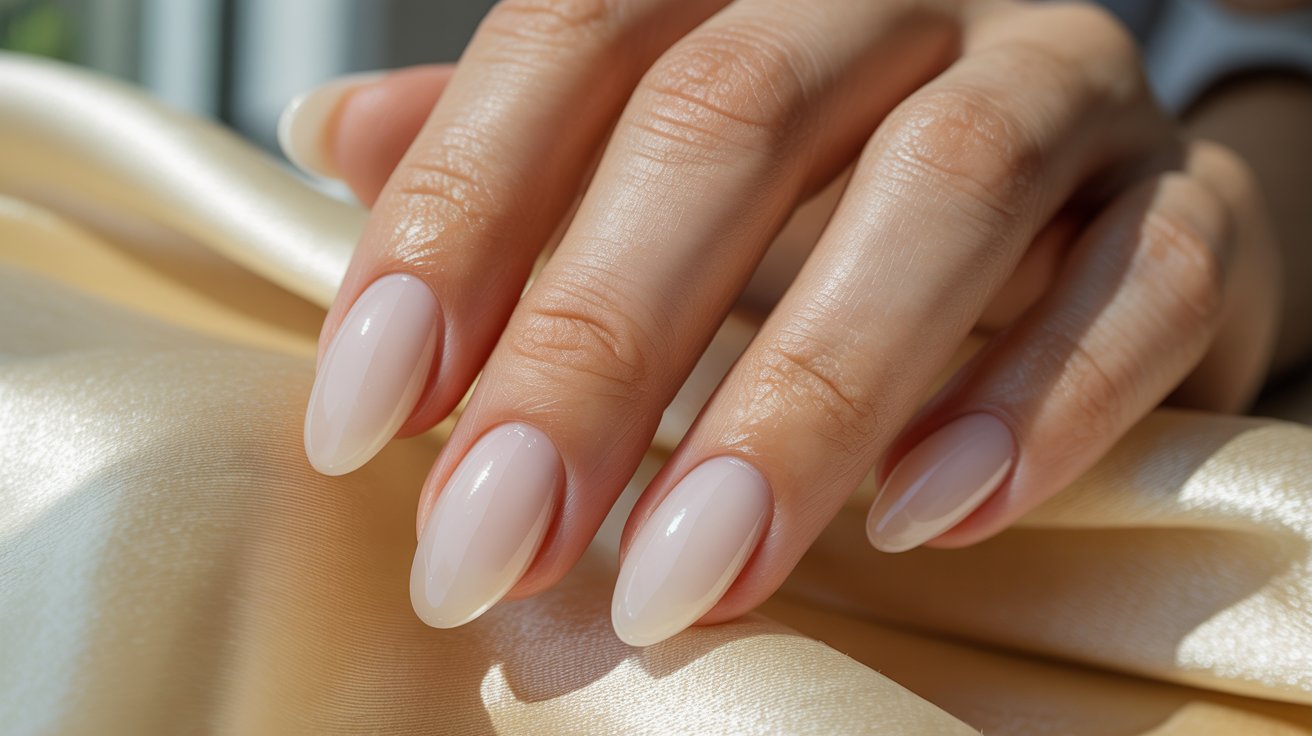 Almond-shaped milky white sheer birthday nails photographed in natural daylight.