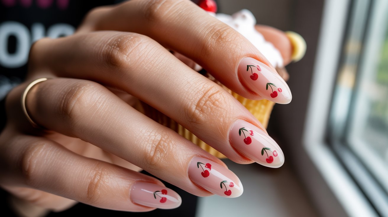 Almond nude birthday nails with small hand-painted cherry design.