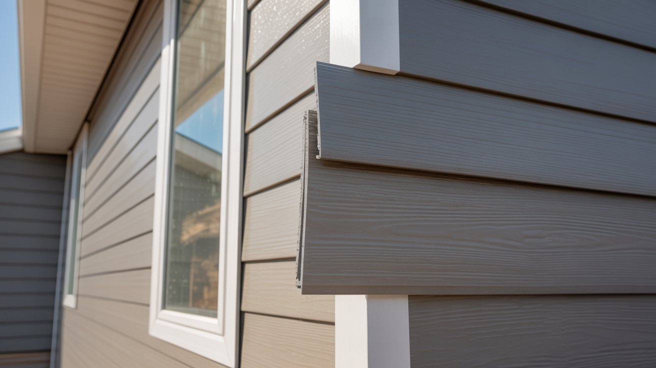 Vinyl siding thickness comparison showing layered structure of exterior siding panels on a house.