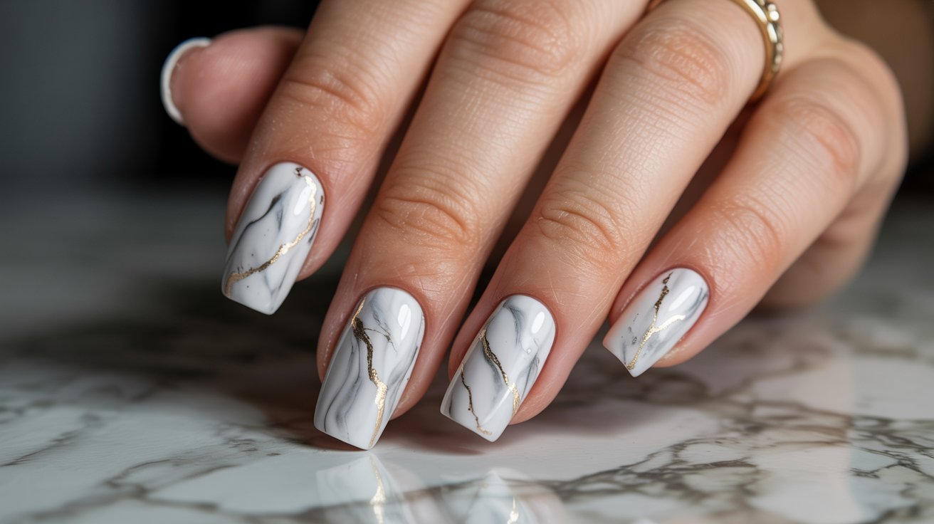 White marble coffin birthday nails with delicate gold veining.