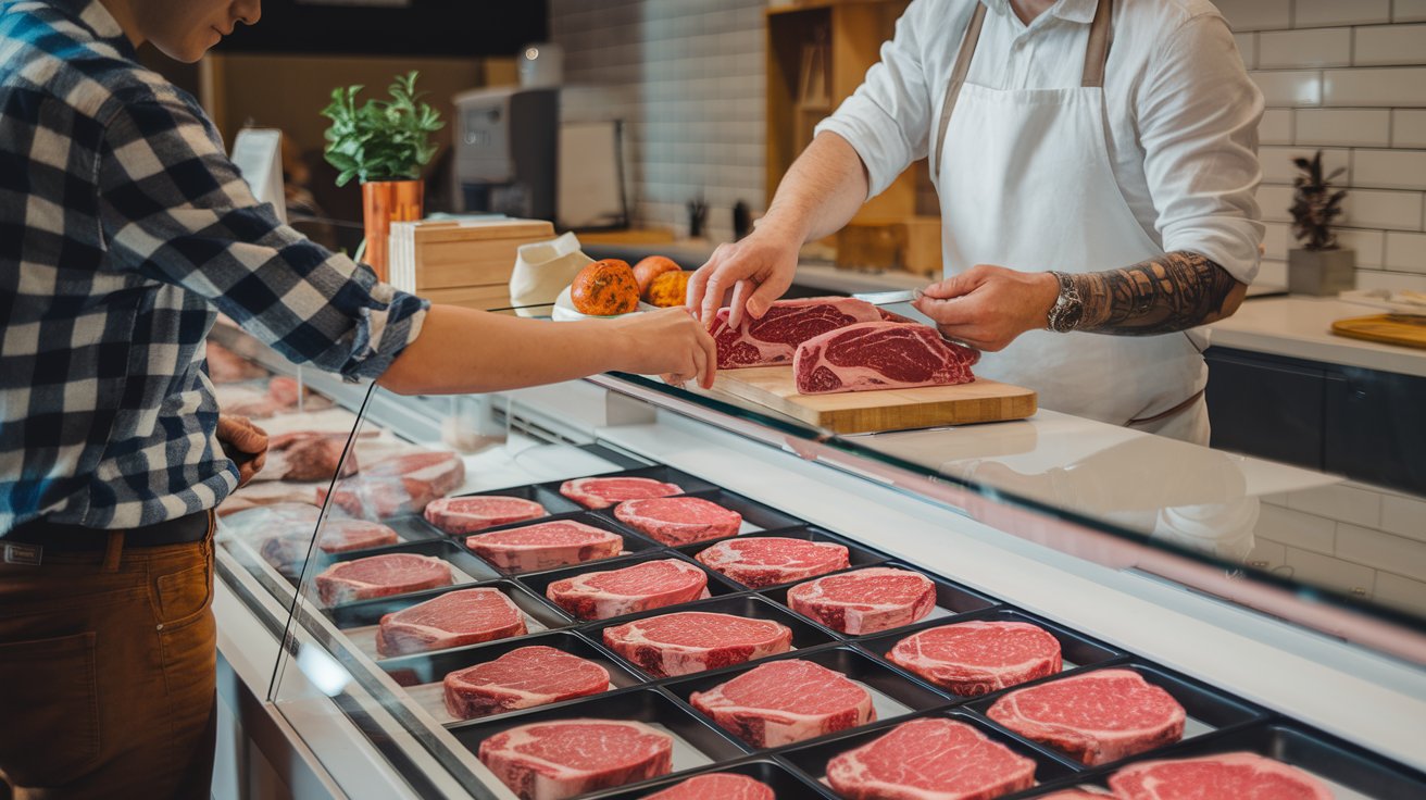Customer selecting steaks at butcher counter