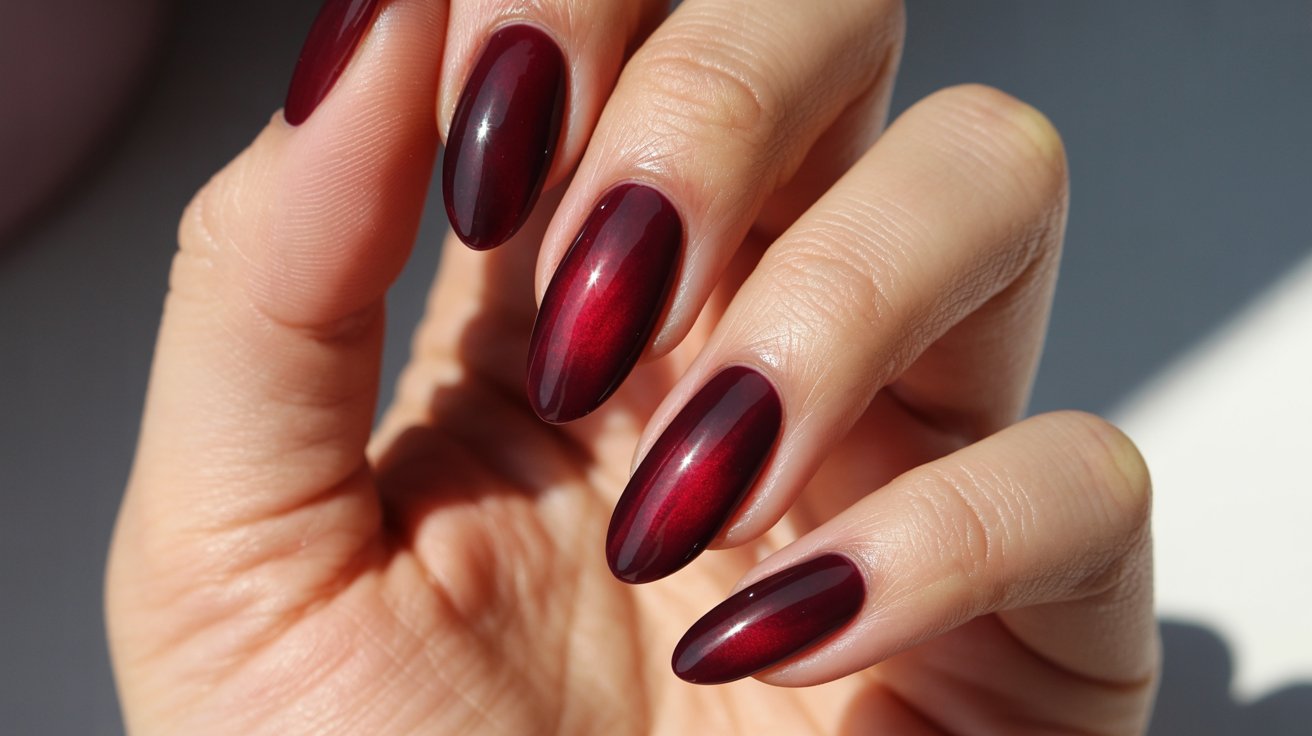 Burgundy cat-eye magnetic birthday nails with velvet shimmer effect.