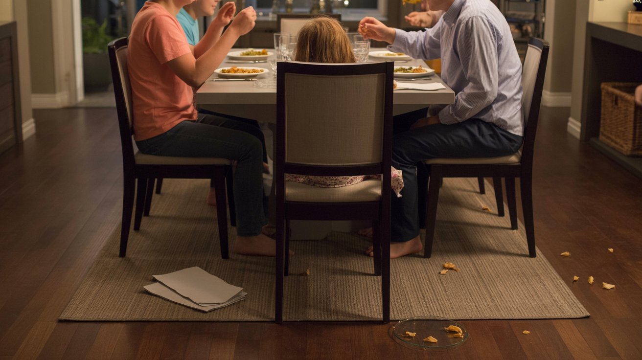 Dining table placed over area rug in a lived-in dining room