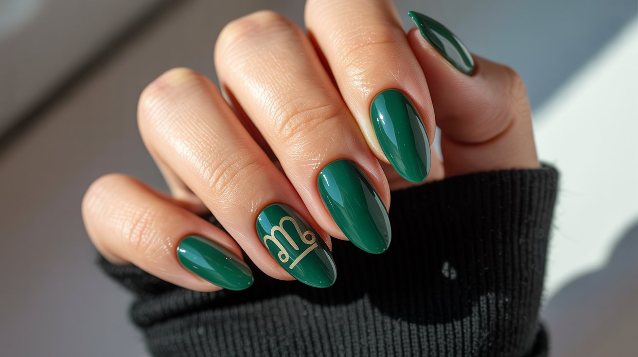 Emerald green birthstone-inspired birthday nails with gold zodiac detail.