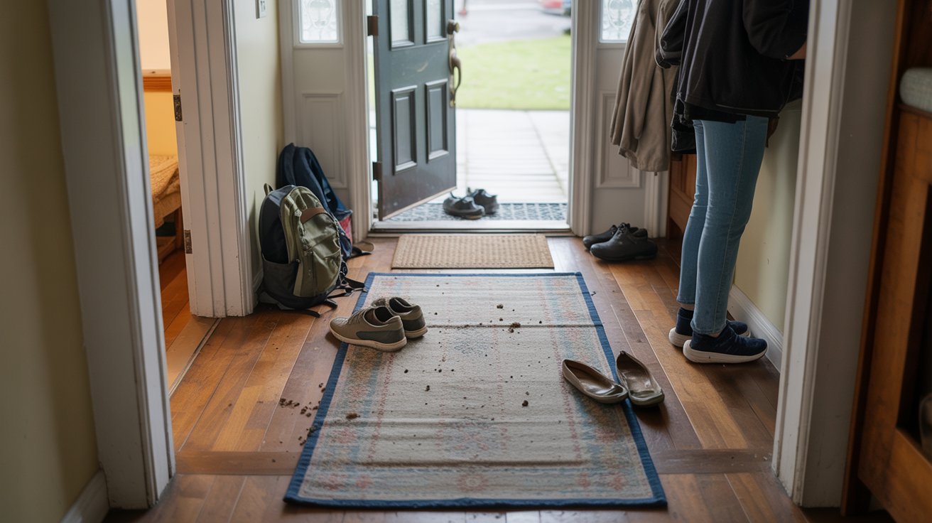 Hallway runner rug protecting floor in busy home entrance