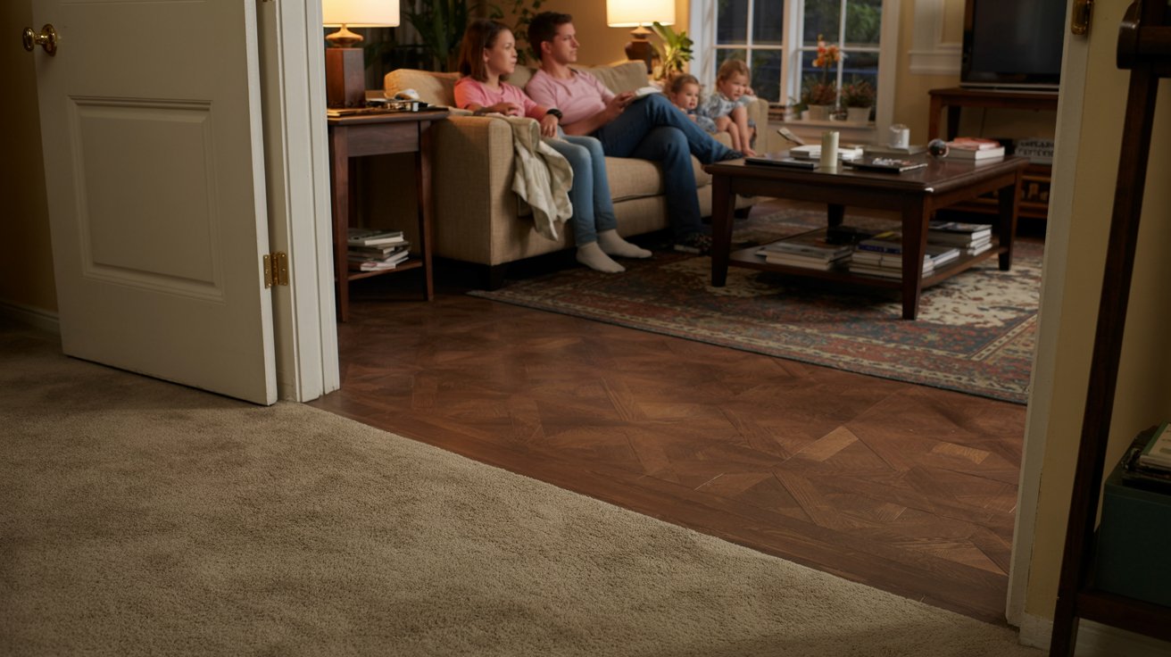 Family relaxing in living room with rug while adjacent room shows carpeted flooring