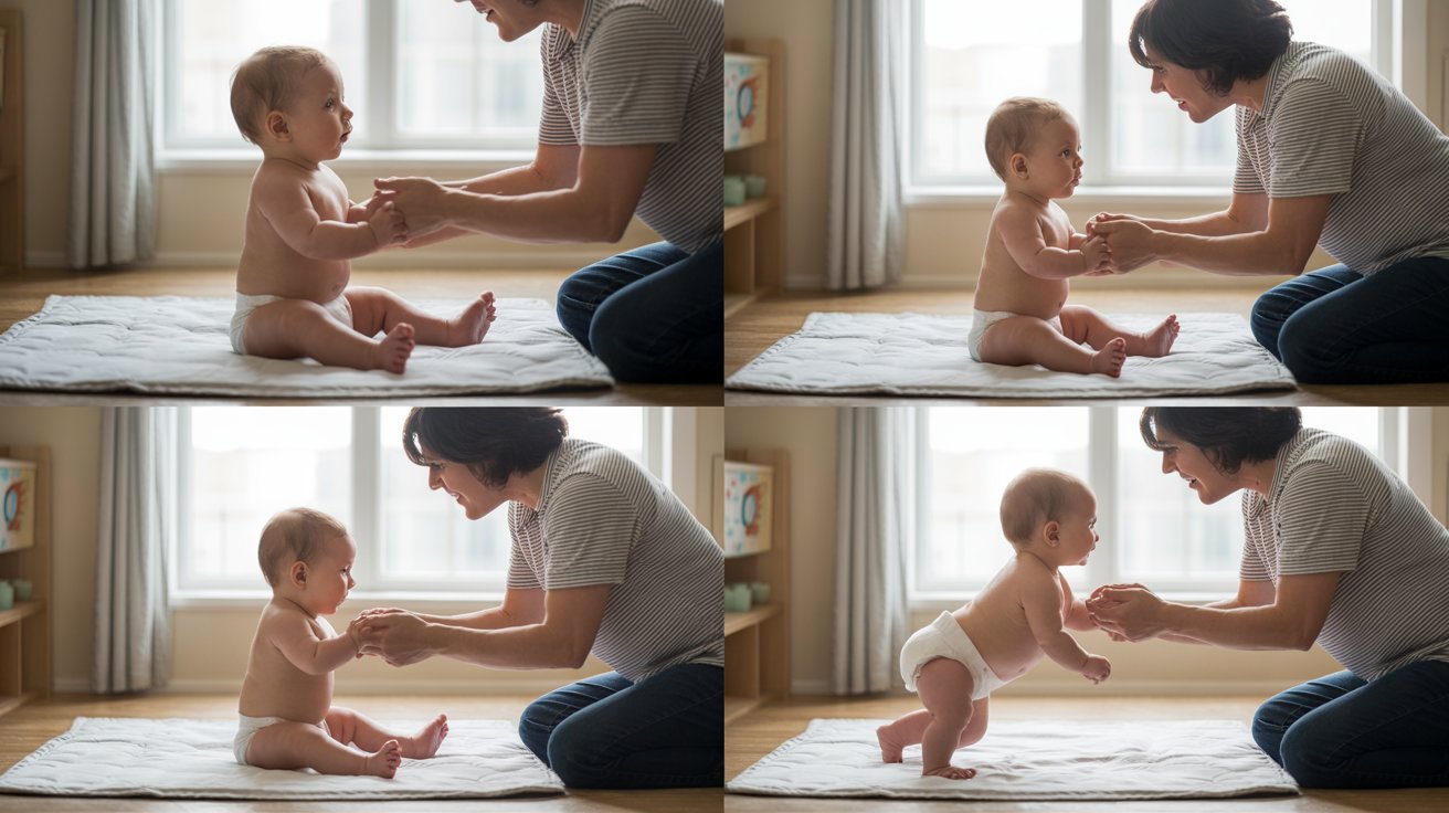 Photo series showing one baby's progression from neck control to rolling to supported sitting to hands-and-knees rocking over several months of development.
