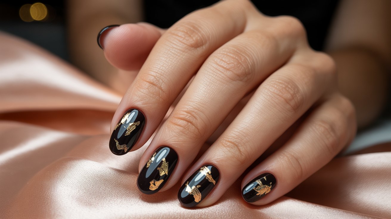 Black almond birthday nails with gold foil detail in warm lighting.