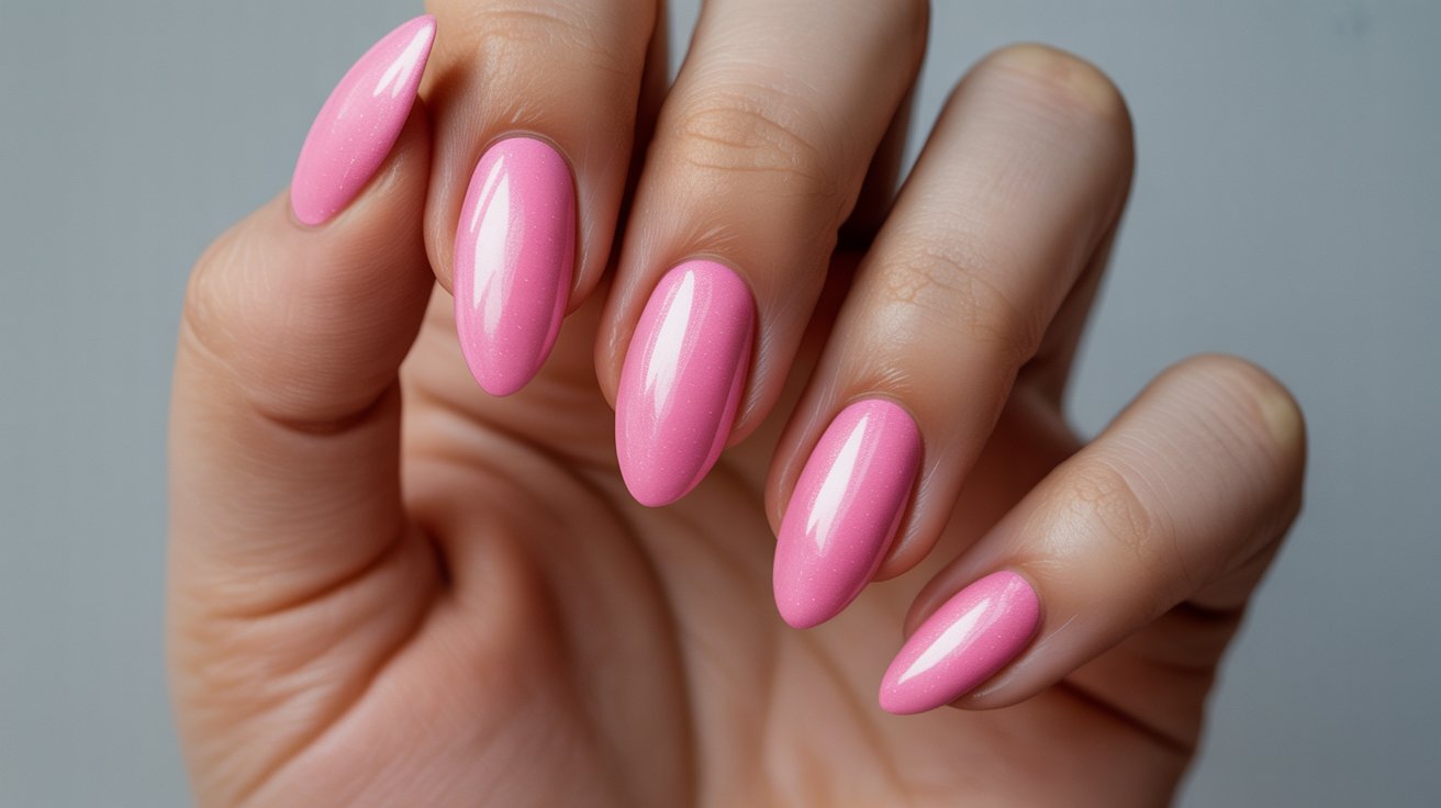 Glossy bubblegum pink almond birthday nails.