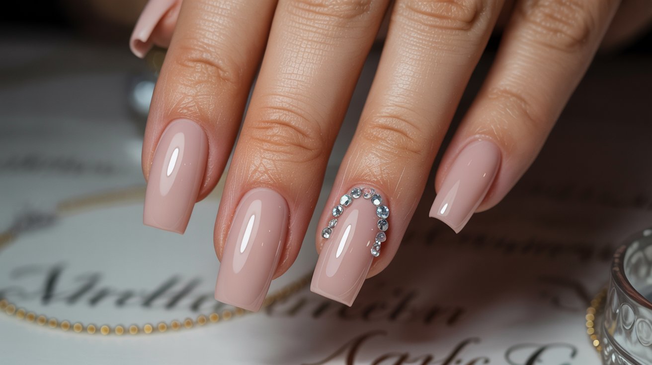 Nude birthday nails with rhinestone cuticle arc accent on coffin shape.