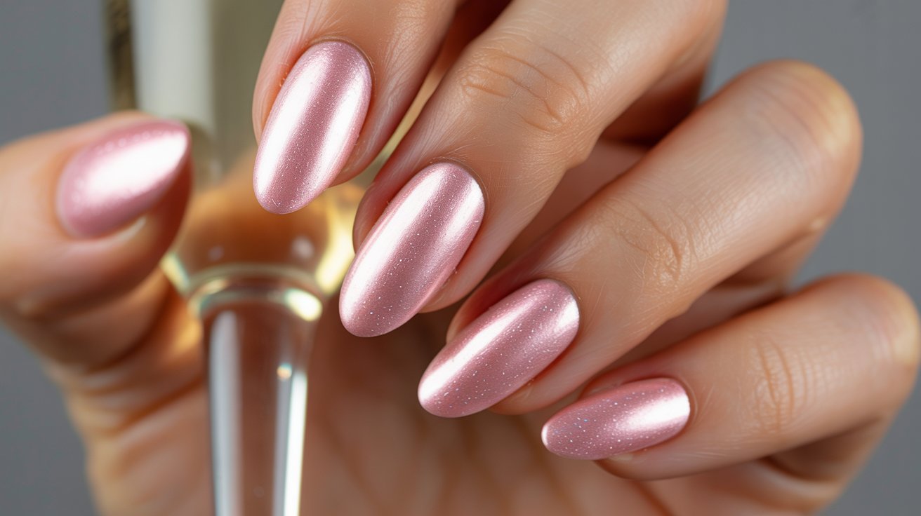 Pink chrome almond birthday nails with minimal crystal accent for 21st birthday.
