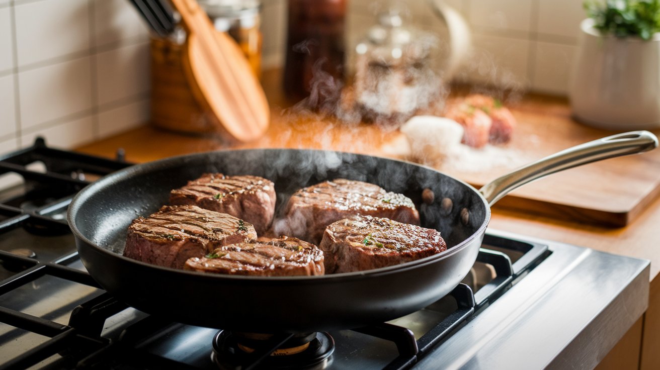 Overcrowded pan causing steaks to steam instead of sear