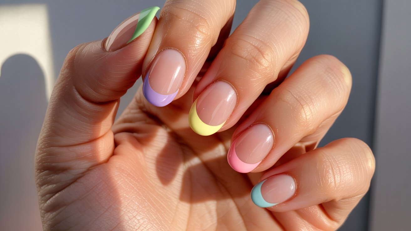 Pastel rainbow French tip birthday manicure.