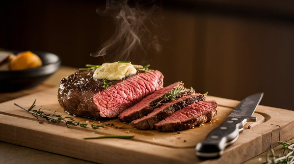 Perfectly cooked chuck eye steak sliced on cutting board with garlic butter