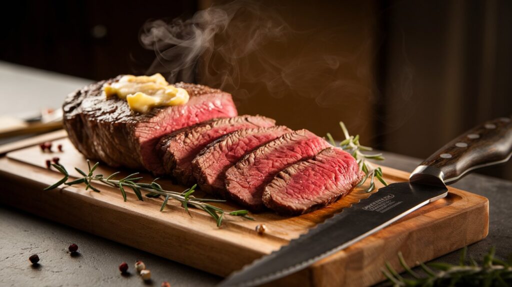 Perfectly cooked affordable steak sliced showing juicy interior