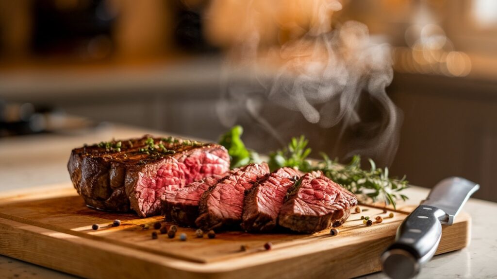 Perfectly cooked steak sliced on cutting board showing juicy interior